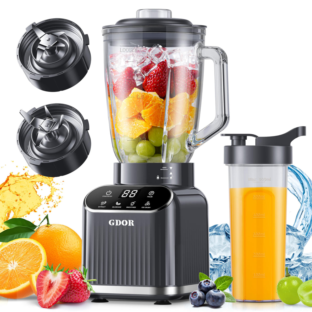 GDOR Professional Blender for Kitchen, 1200 Peak Watts Smoothie Blender, 5 Functions for Ice Crushing & Frozen Fruit, 52 Oz Glass Jar & 24 Oz To-Go Cup Combo, Self-Cleaning, Gray