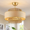 Boho Fandelier Ceiling Fans with Light andRemote Gold Enclosed Caged Ceiling Fan with LightRattan Chandelier Fan for Bedroom, Living Room,Kitchen (6 Speeds Bladeless Cellng Fan)