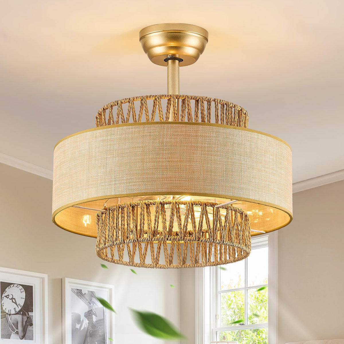 Boho Fandelier Ceiling Fans with Light andRemote Gold Enclosed Caged Ceiling Fan with LightRattan Chandelier Fan for Bedroom, Living Room,Kitchen (6 Speeds Bladeless Cellng Fan)