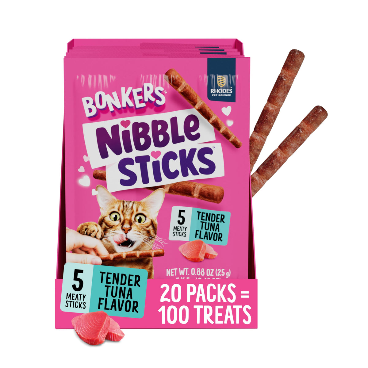 Bonkers Nibble Sticks Tuna Flavour Soft & Meaty Tender Treats for Cats, 5 Sticks (Pack of 20)