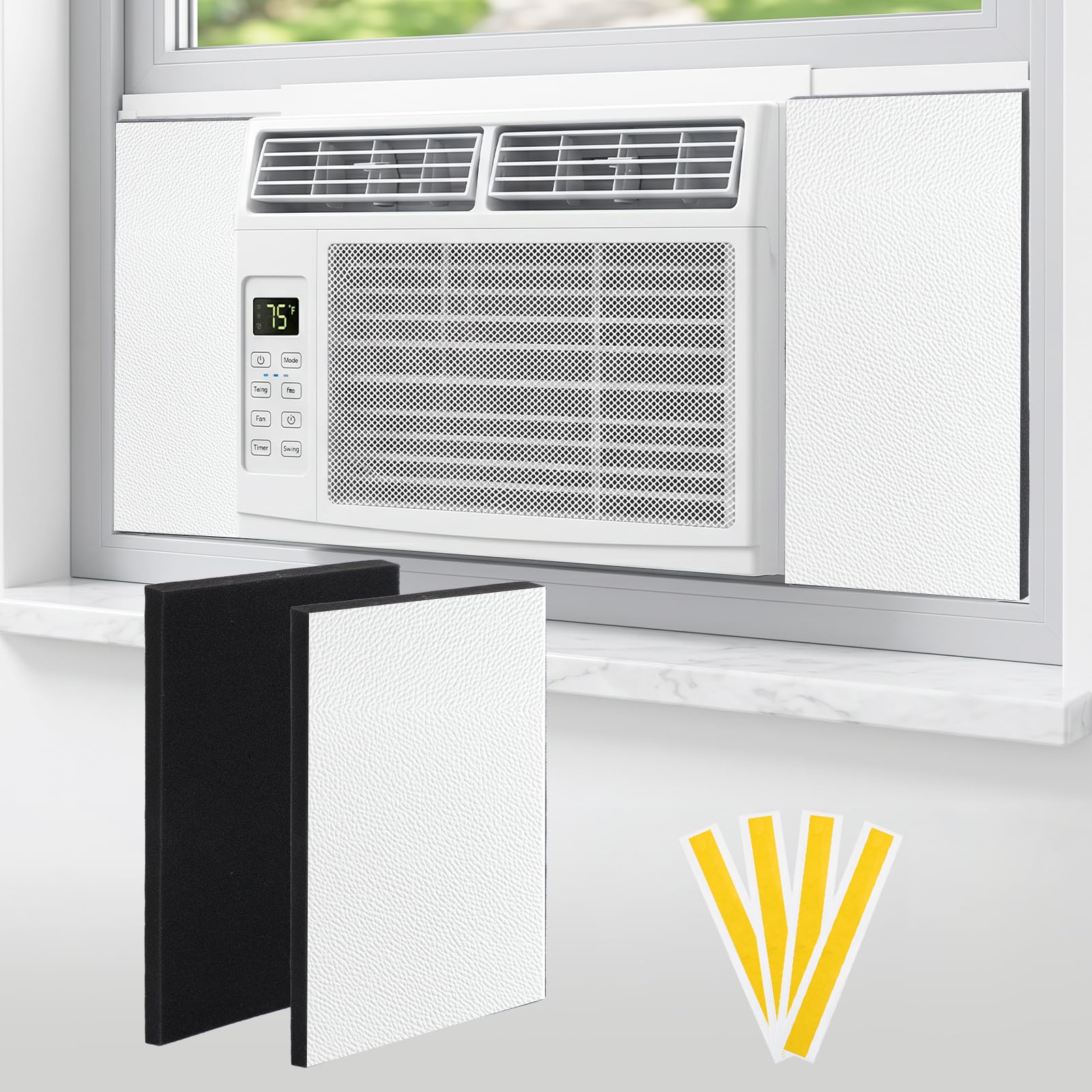 PU Leather Coated Window Air Conditioner Insulated Foam Side Panels - 2 Pack 17"H x 9"W x 1" Thick Each, Blocks Cold Air Leakage in Summer, Seal Window AC Units to Improve Energy Efficiency