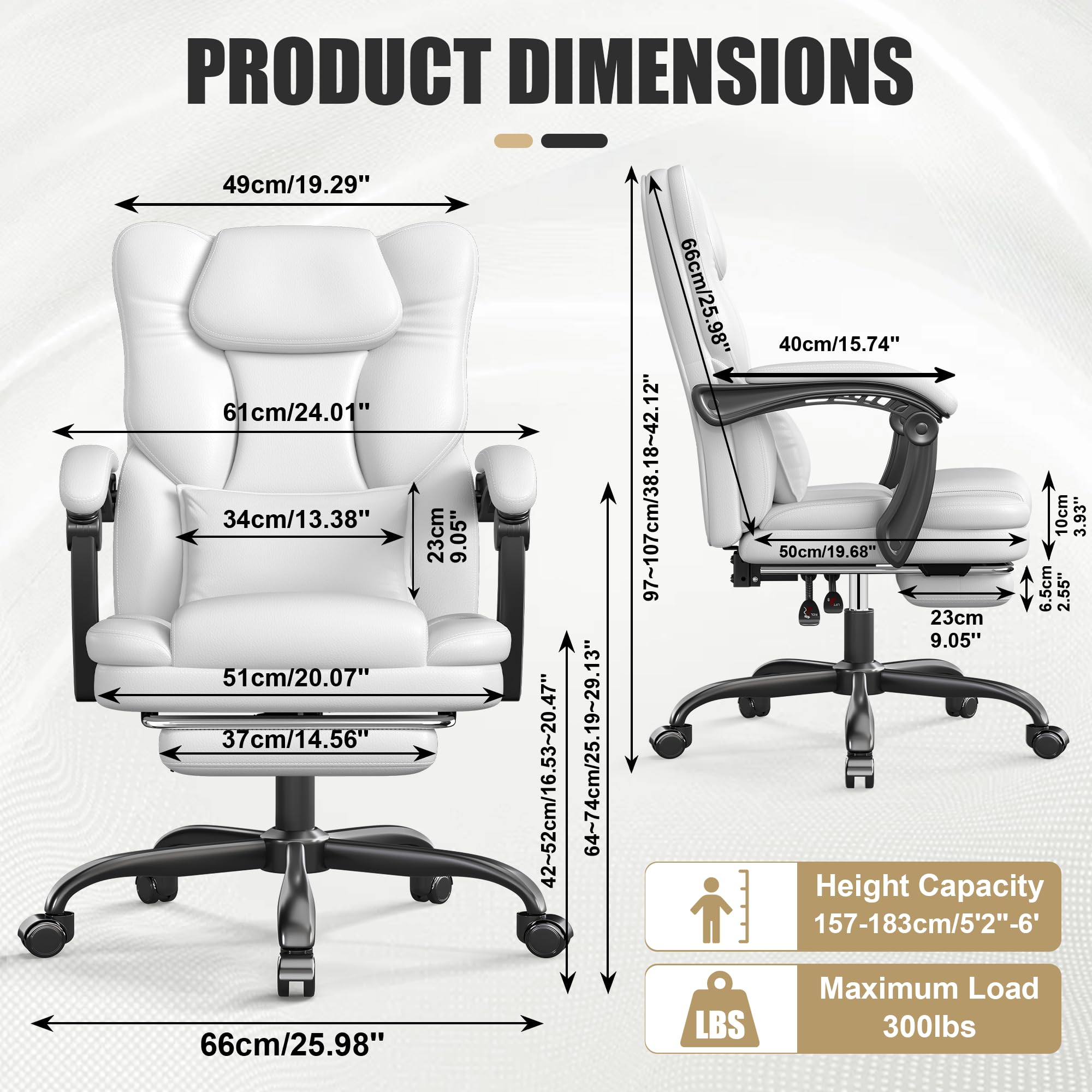 Ergonomic Office Chair with Foot Rest, 300 Lbs Executive Leather Desk Chair, White with Footrest