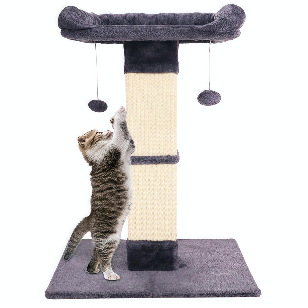 34" Cat Scratching Post for Indoor Cats, Sisal Cat Scratcher with Large Plush Perch, Vertical Posts with Elevated Bed and with Two Dangling Balls, Removable & Washable Cover, Dark Grey