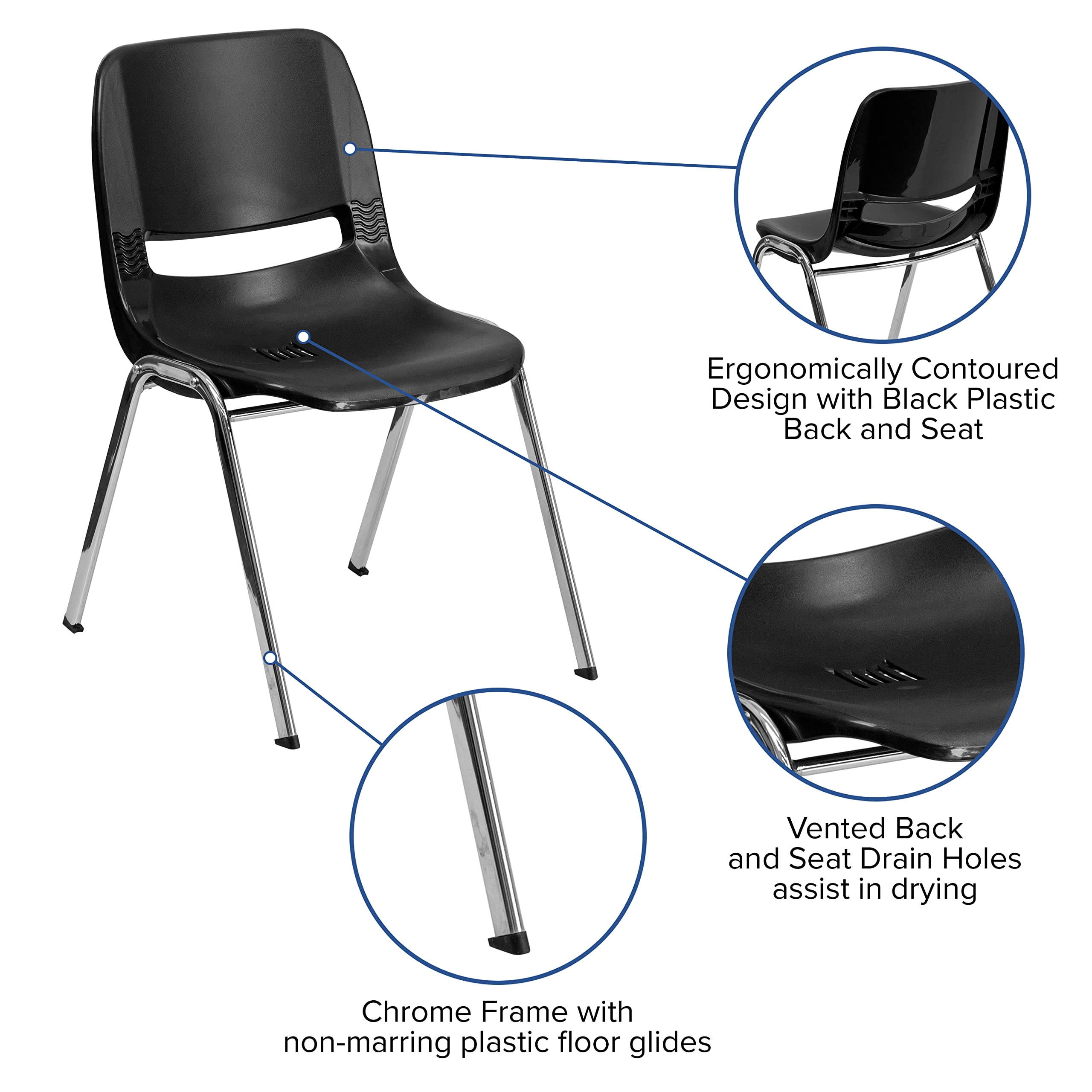 Flash Furniture Hercules Series 661 Lb. Capacity Black Ergonomic Shell Stack Chair with Chrome Frame and 16'' Seat Height, Black Plastic/chrome