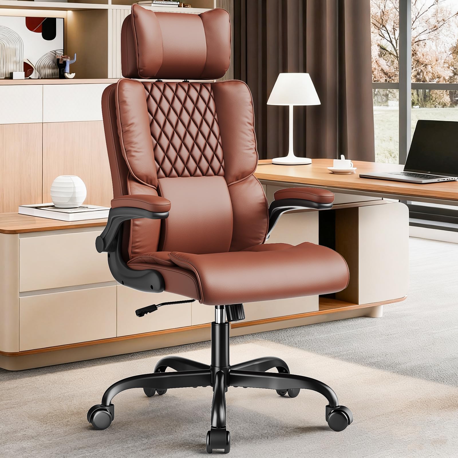 Sytas 400lbs Big and Tall Office Chair with Adjustable Headrest, Brown