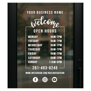 Customizable Storefront Business Hours Decal - Vinyl Window and Wall Sticker with Hours of Operation and Social Media Icons - Commercial Grade, Weather-Resistant Door Window Sign