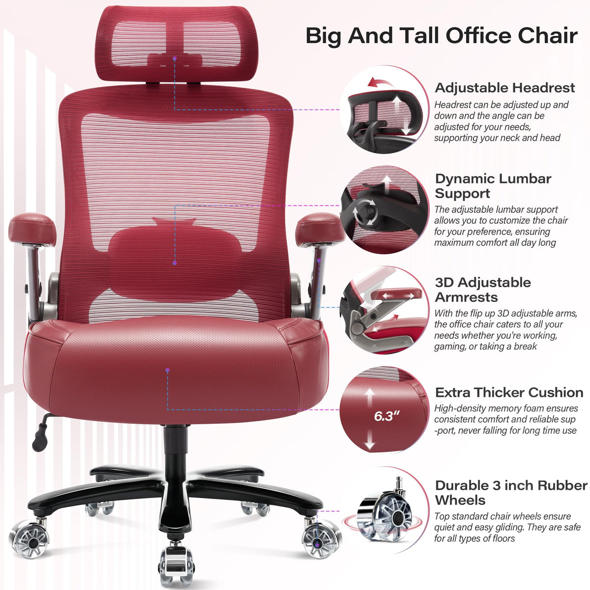 600lbs Big and Tall Office Chair, Heavy Duty Executive Computer Desk Chair, X-Large, Burgundy