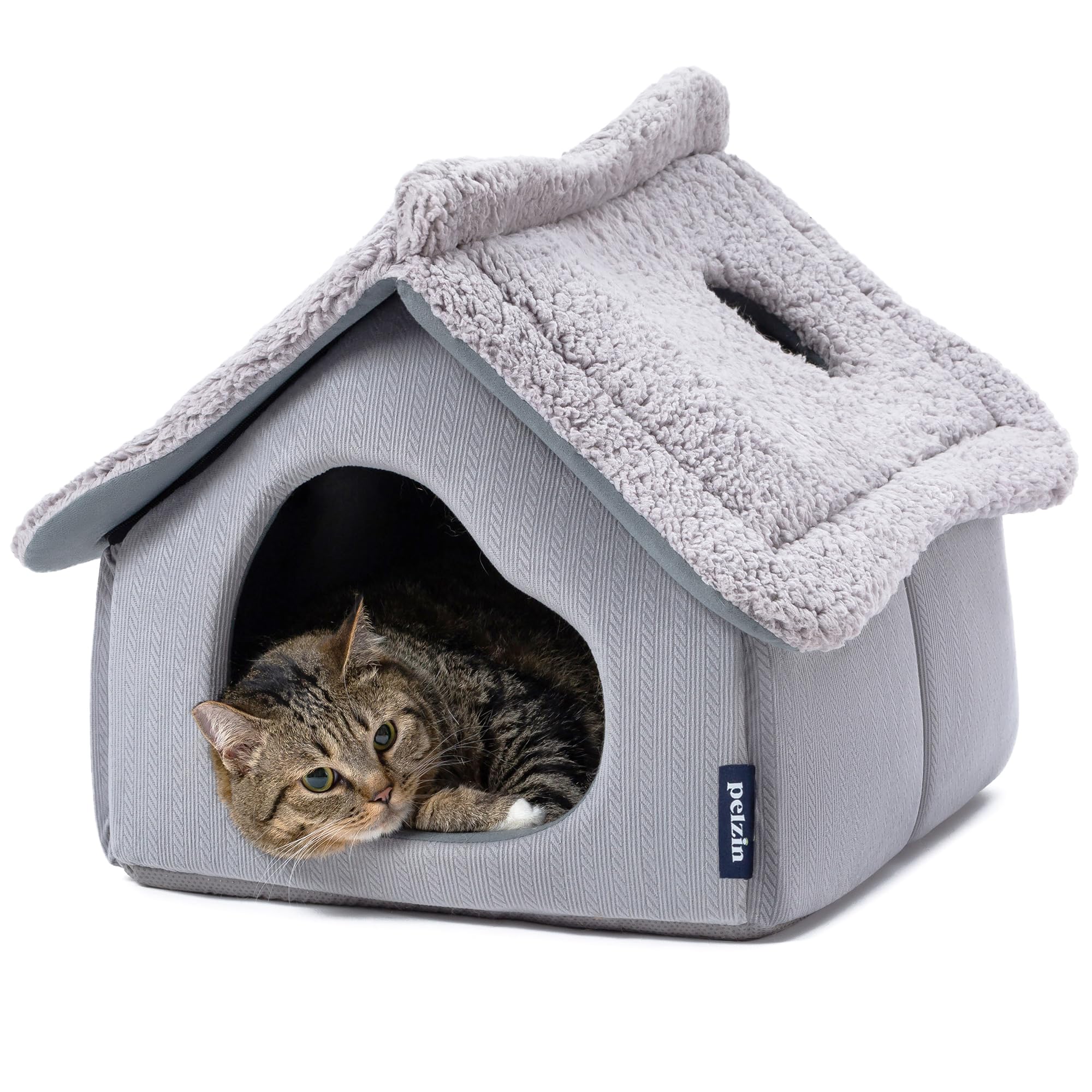 Pelzin Cat Houses for Indoor Cats - Large Cat Cave Bed with Removable Support Foam and Washable 2-Side Mat - Covered Cat Bed for Cat Hideaway - Enclosed Cat Hideout for Kitten and Small Pet, Grey