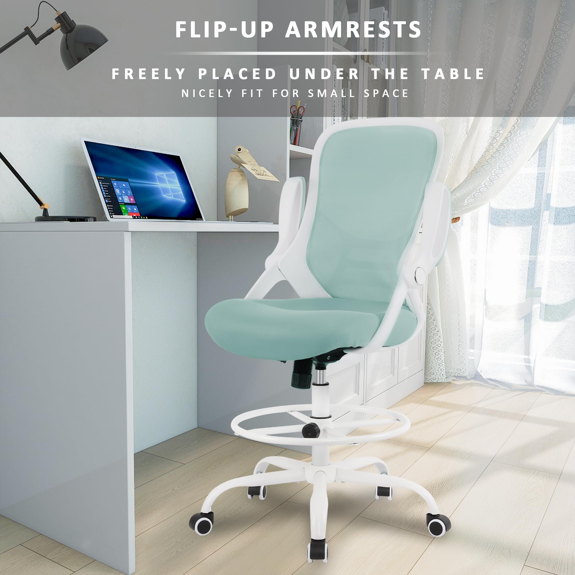 Hylone Drafting Chair Tiffany Blue, Tall Office Chair Standing Desk Stool with Adjustable Height, Foot Ring, Flip-up Arms, Mesh High-back