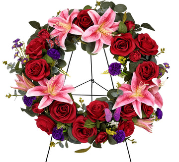 Saxili Cemetery Wreaths for Graves with 30 inch Easel Stand,Handmade Headstone Wreath Flower with Hanger, Artificial Rose Lily Daisy and Carnation,Red/Pink