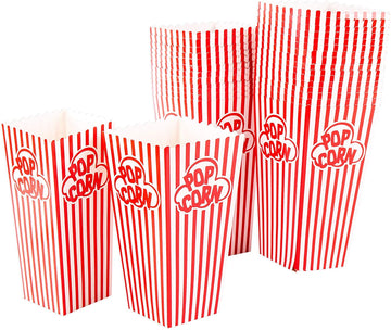 Popcorn Containers Boxes - Striped White and Red Paper - (100 Pack)