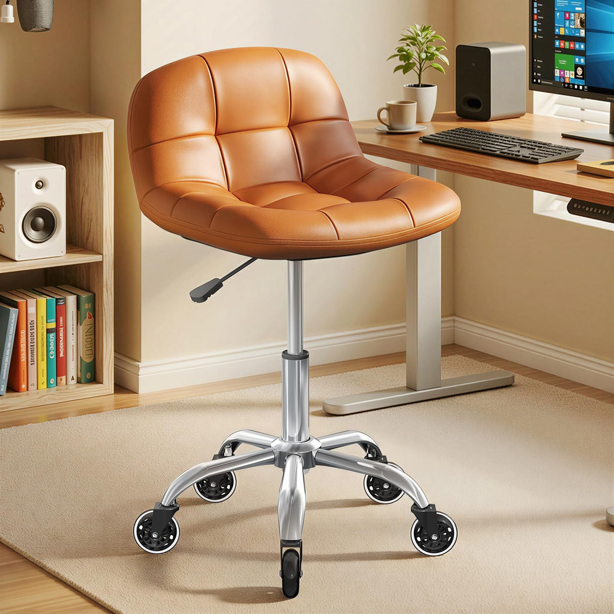 Rolling Stool Chair with Wheels, Height Adjustable Stool with Back Support, Office Drafting Chair with Pu Leather Cushion for Home Office