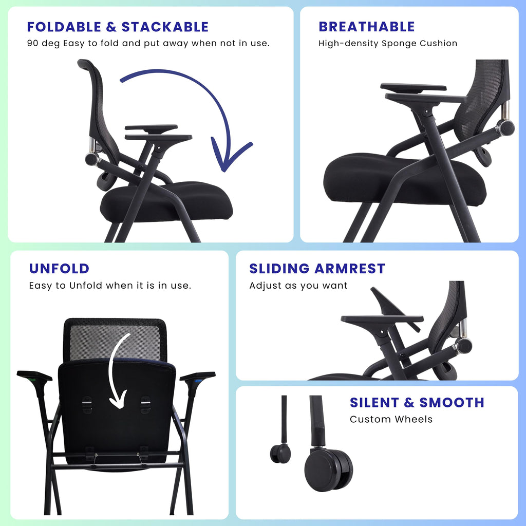 Brobriyo Pro, Stackable & Foldable Conference Room Chairs with 2x Thick Cushion, Lumbar Support, Armrest - Mesh Bouncing Back for Office