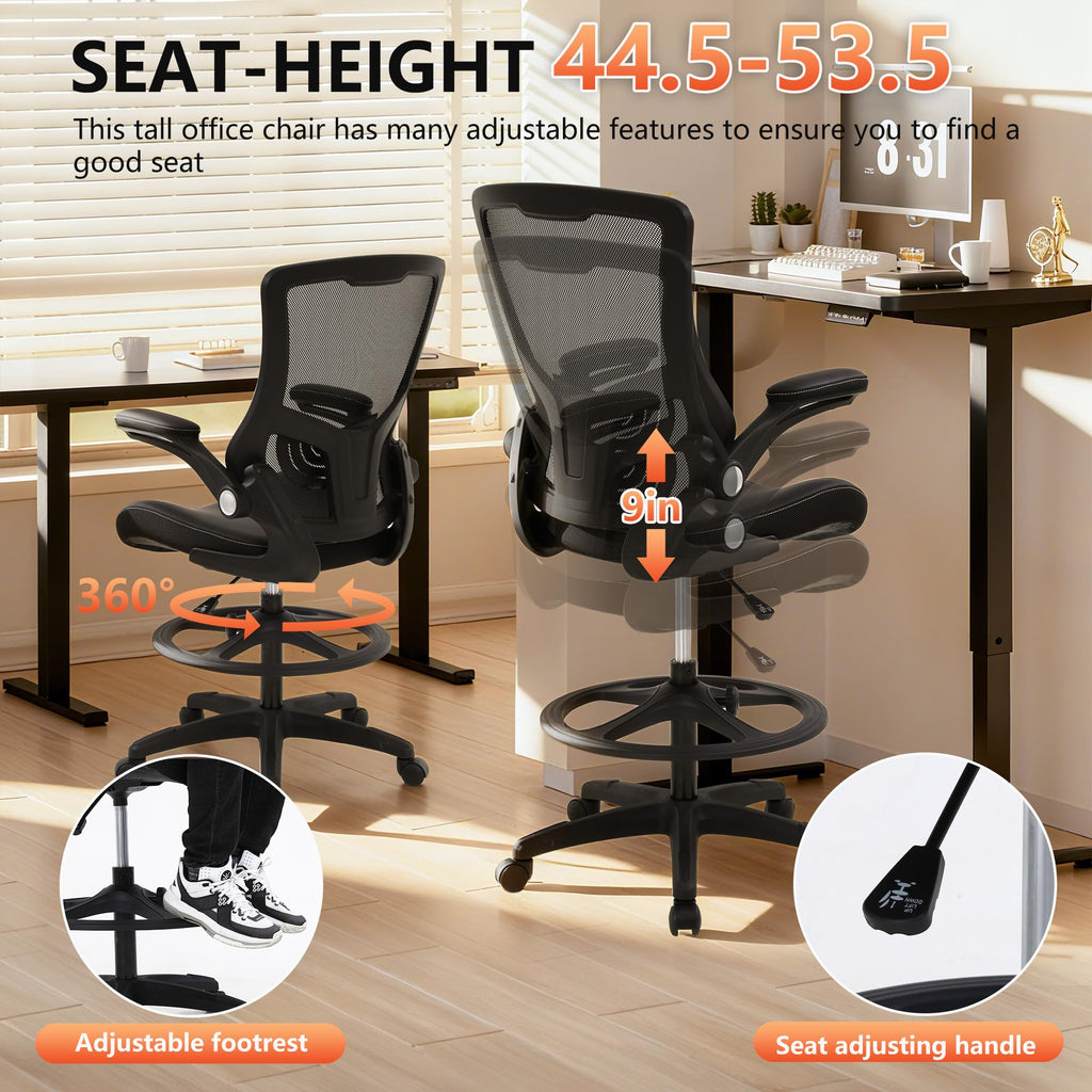 Bestoffice Drafting Chair Ergonomic Tall Office Chair Standing Desk Chair with Flip Up Arms Foot Rest Back Support Adjustable Height Mesh