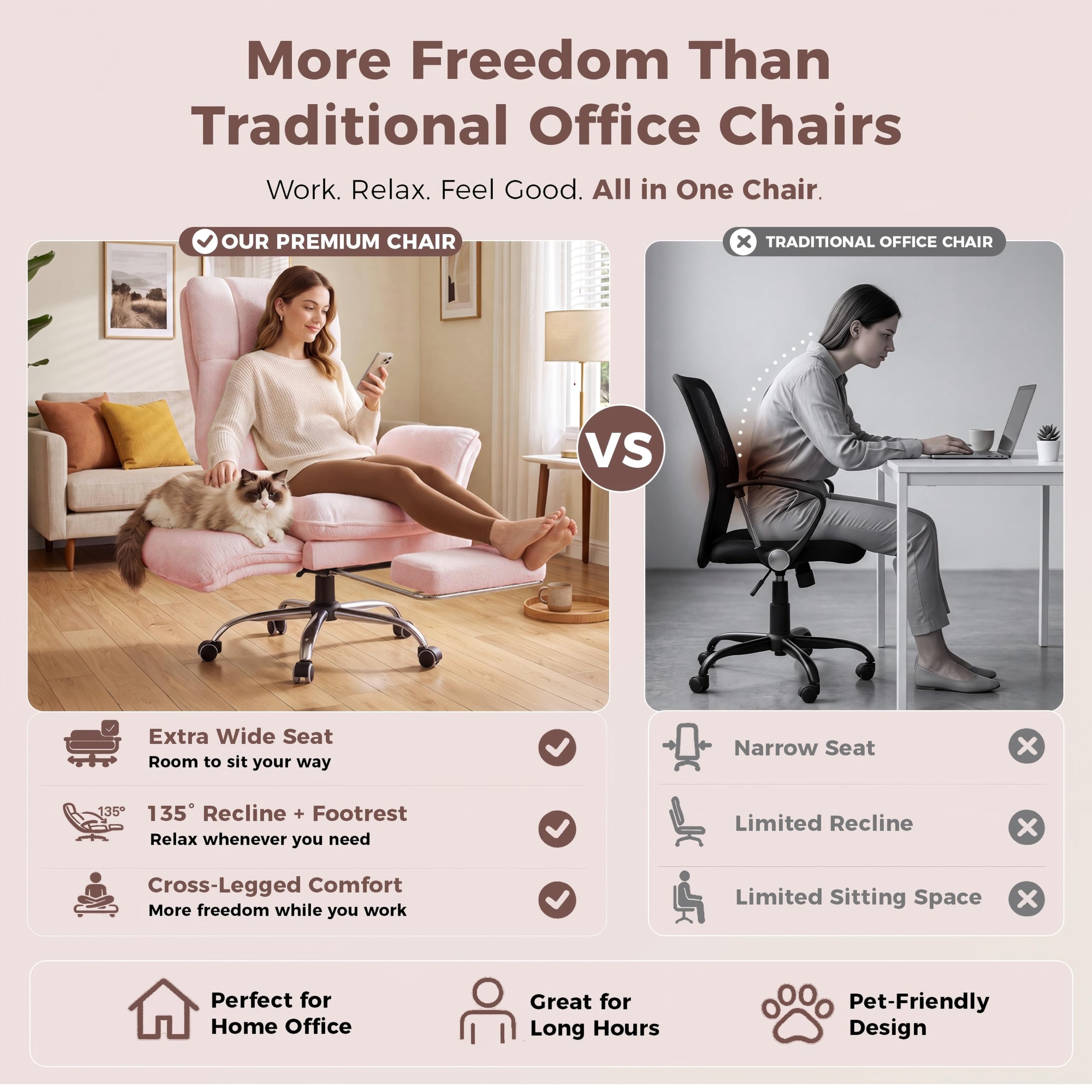 Big and Tall Office Chair, Flip Armrests for Pets & Cross Legged Sitting, Large, Pink