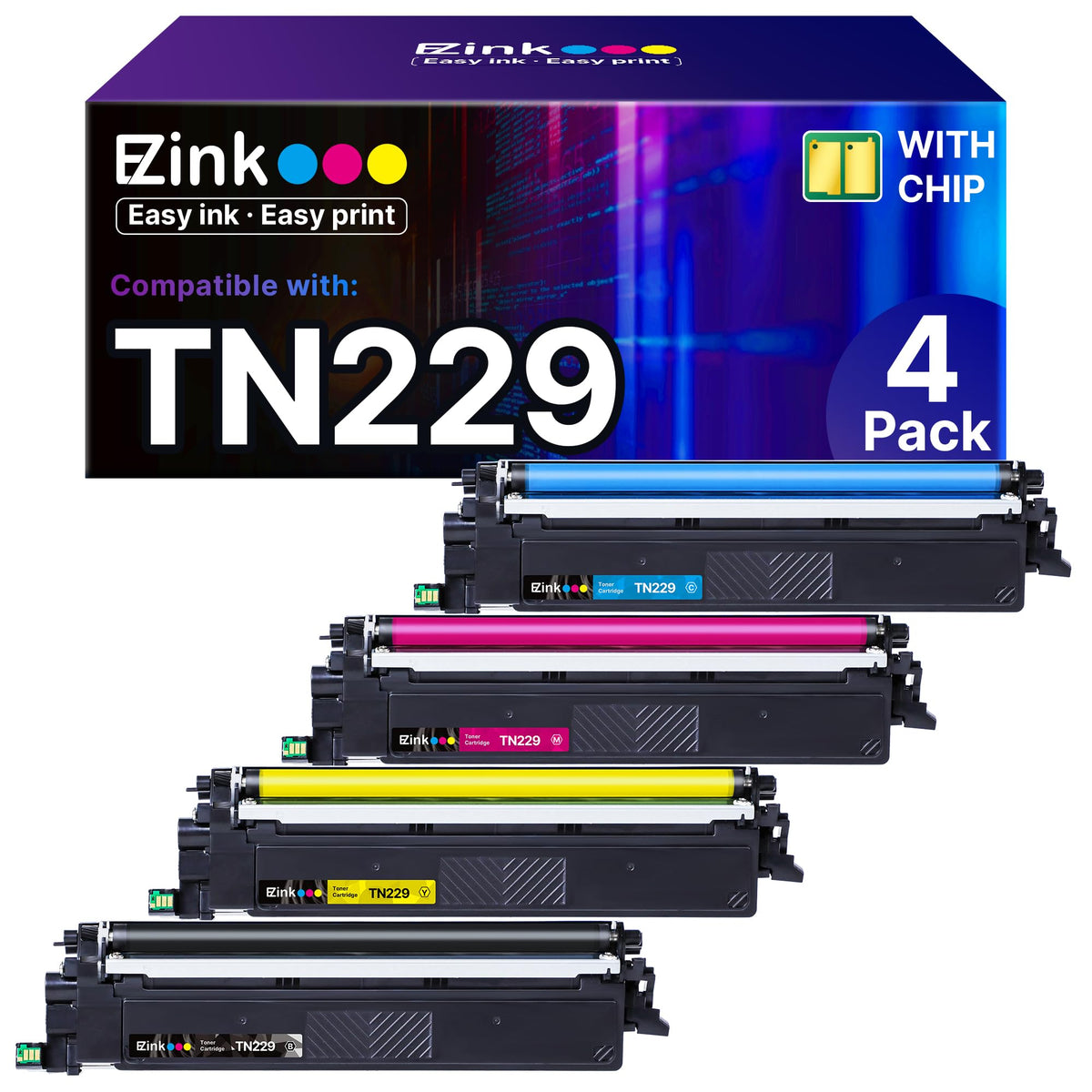 E-Z Ink Compatible Replacement for Brother TN229 TN-229 Toner Cartridges 4 Pack High Yield for MFC-L3780CDW HL-L3280CDW MFC-L3720CDW HL-L3220CDW HL-L3295CDW HL-L8245CDW TN-229 TN229 B/C/M/Y (4 Pack)