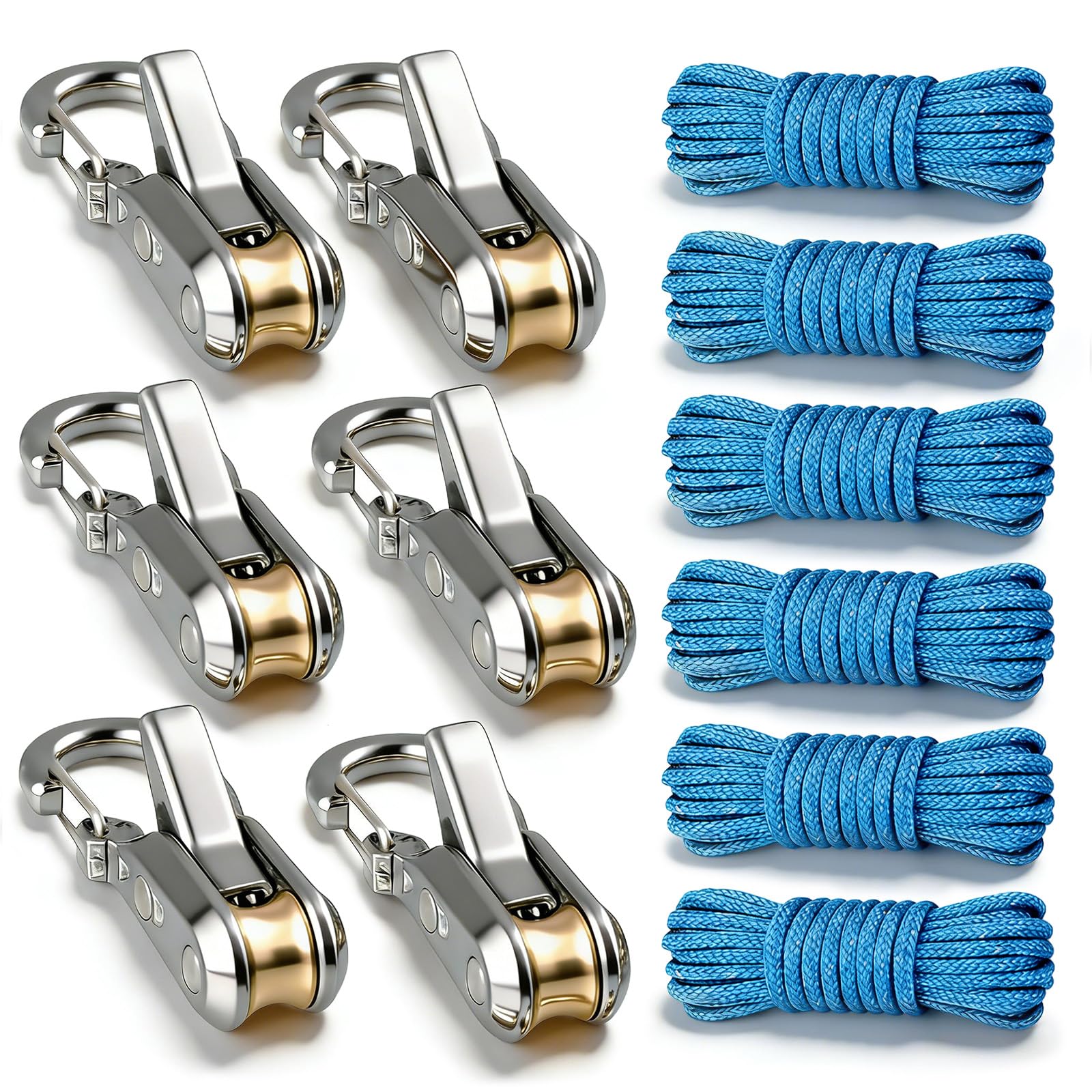 6 Pack Rope with Roller Tensioner for Easy and Secure Tying, 2026 New Heavy Duty Retractable Buckle Rope with Accessory Cord for Camping Boating Home Storage Outdoor Use (Silver 6)