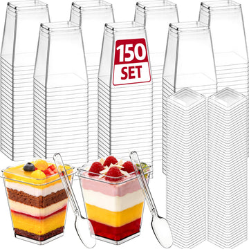 BGUP 150 Set 5 oz Plastic Dessert Cups with Lids and Spoons, Yogurt Parfait Appetizer Cup with Lids for Party, Disposable Square Mini Dessert Shooters for Pudding, Fruit and Ice Cream