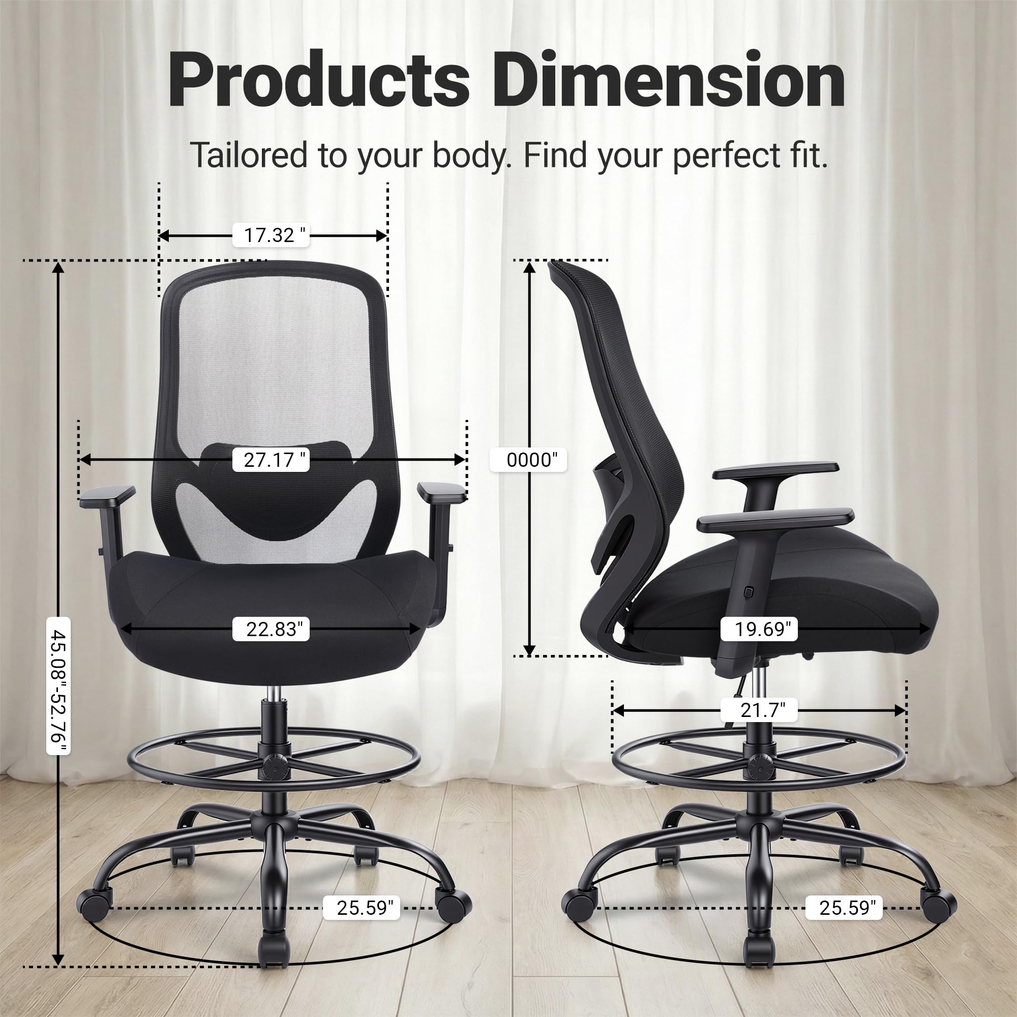 Drafting Office Chair Big and Tall 450lbs Heavy Duty for Standing Desk, 22.8" x 19.6" x 40", Black