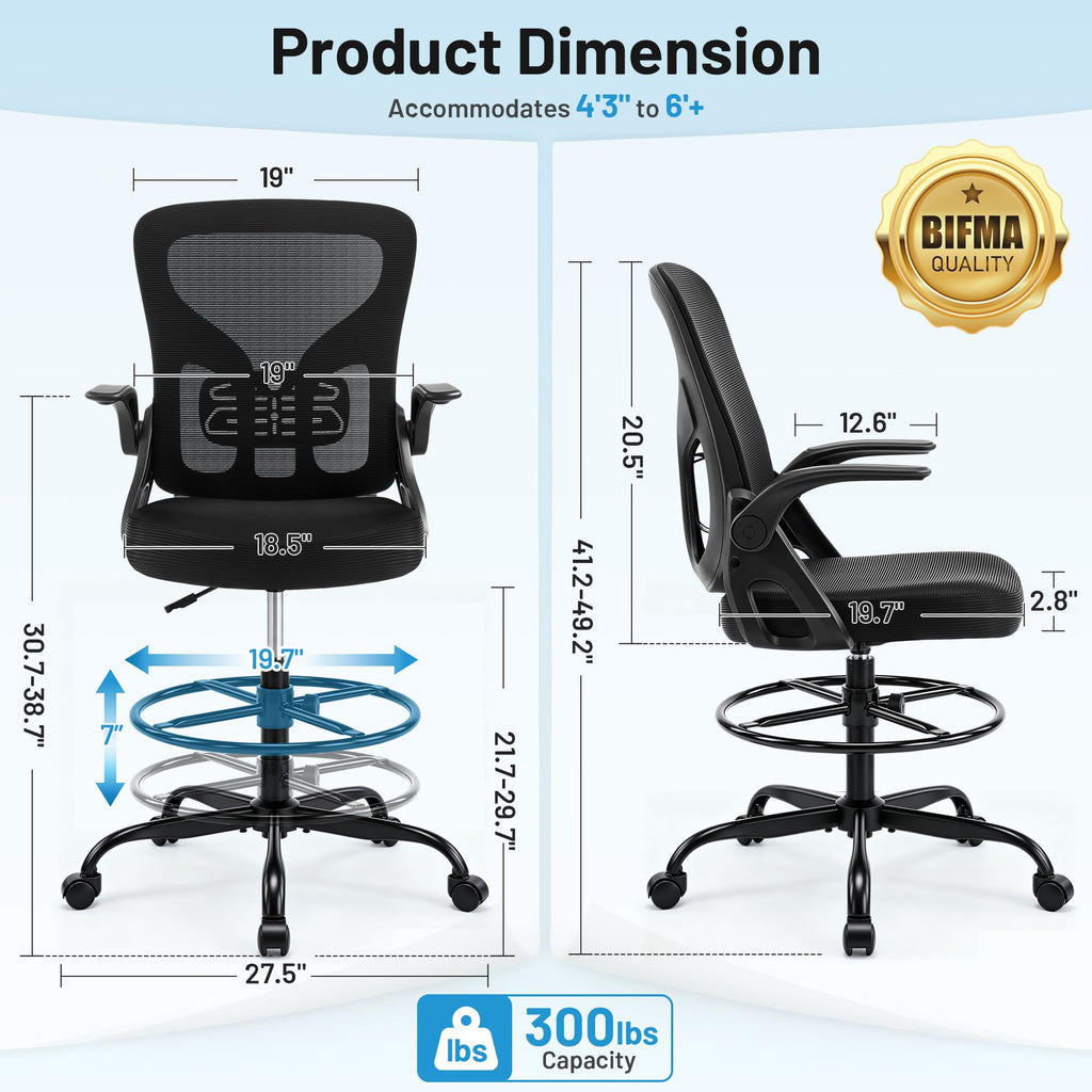 Hayelf Drafting Chair for Standing Desk, Tall Office Chair with 22"-30" Seat Height &7" Lift Footrest Ring, Ergonomic Executive Mesh Computer
