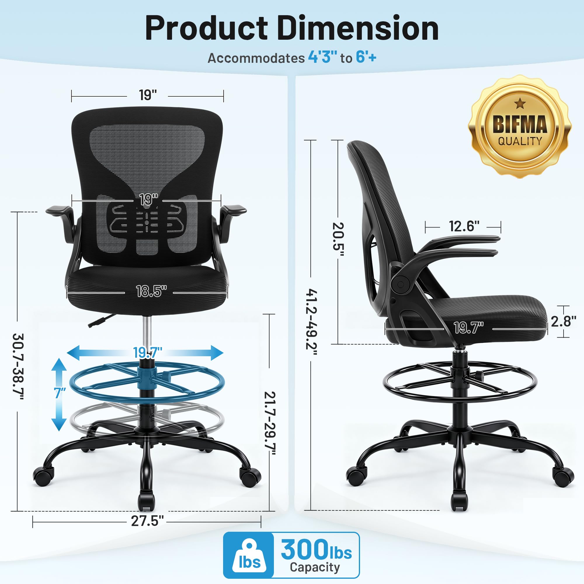 Hayelf Drafting Chair for Standing Desk, Tall Office Chair with 22"-30" Seat Height &7" Lift Footrest Ring, Ergonomic Executive Mesh Computer