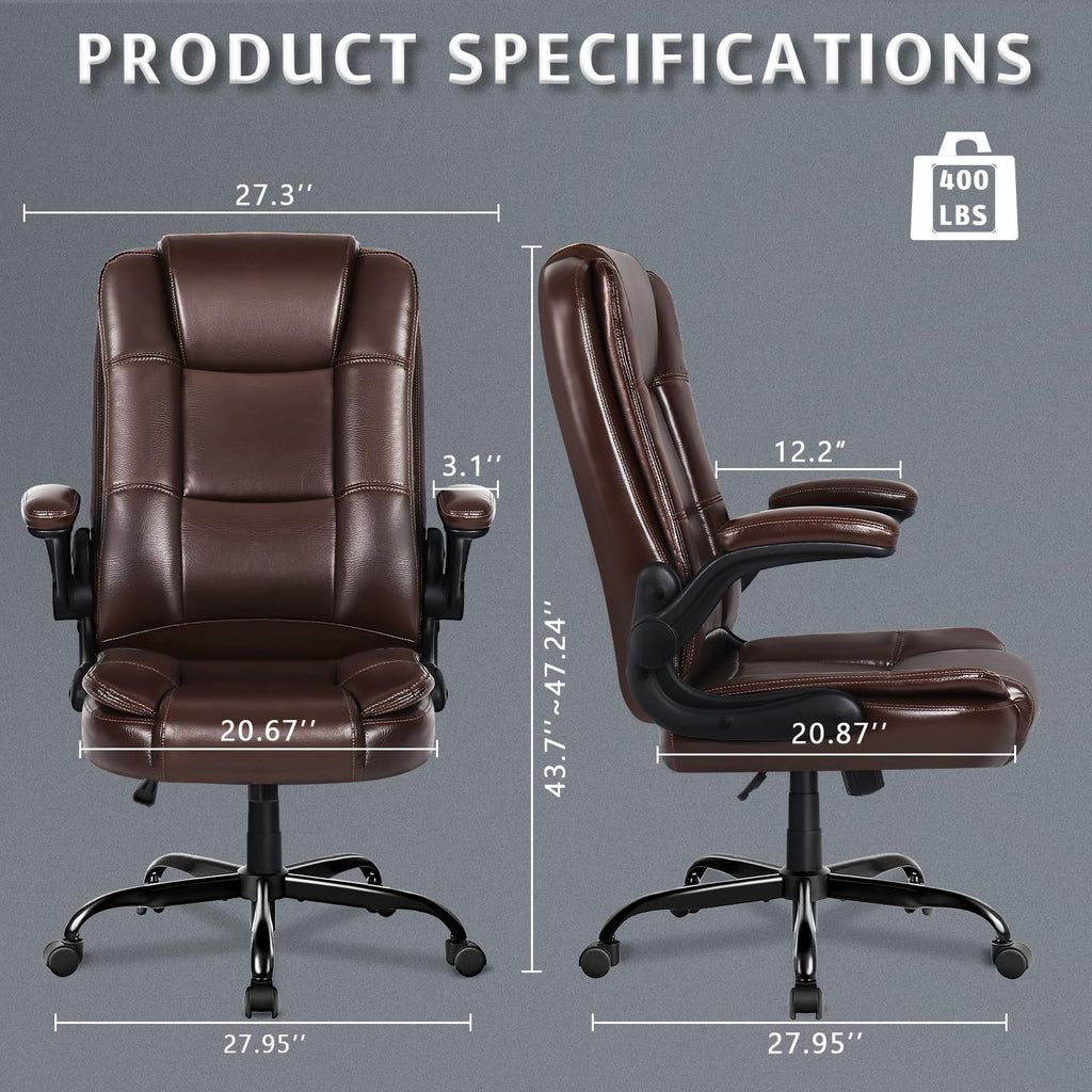 Lemberi Flip-up Arms Office Desk Chair Big and Tall Managerial Executive Chair, High Back Computer Chair Ergonomic Adjustable Height Pu Leather