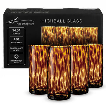 Joseph Sedgh Collection Tortoise Shell Highball Glass Set of 4 – 14.54 oz Borosilicate Cocktail & Water Glasses – Durable, Lead-Free, Dishwasher Safe – Elegant Gift Packaging