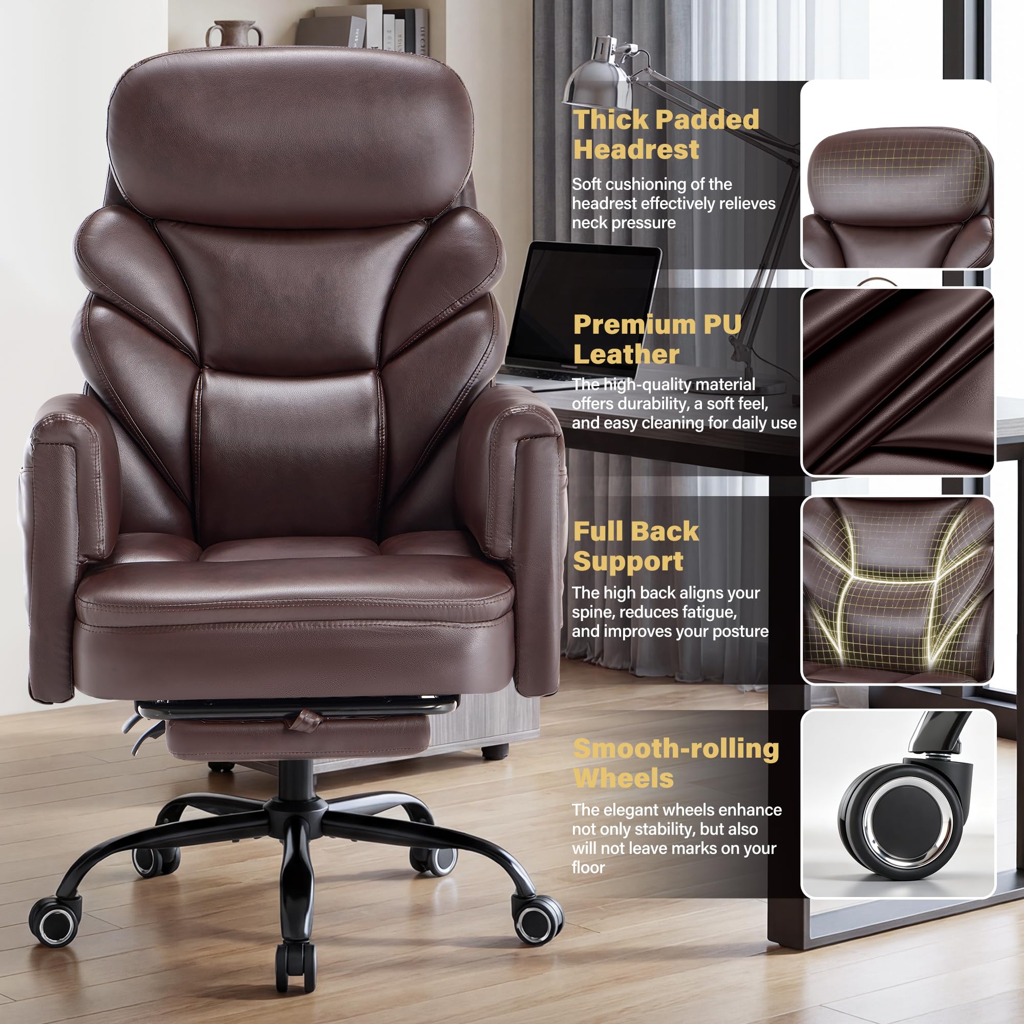 Big and Tall Office Chair, Reclining High Back Criss Cross Desk Chair, Oversized, Brown