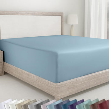 California Design Den 100% Cotton Sateen Queen Bed Fitted Sheet, Sky Blue