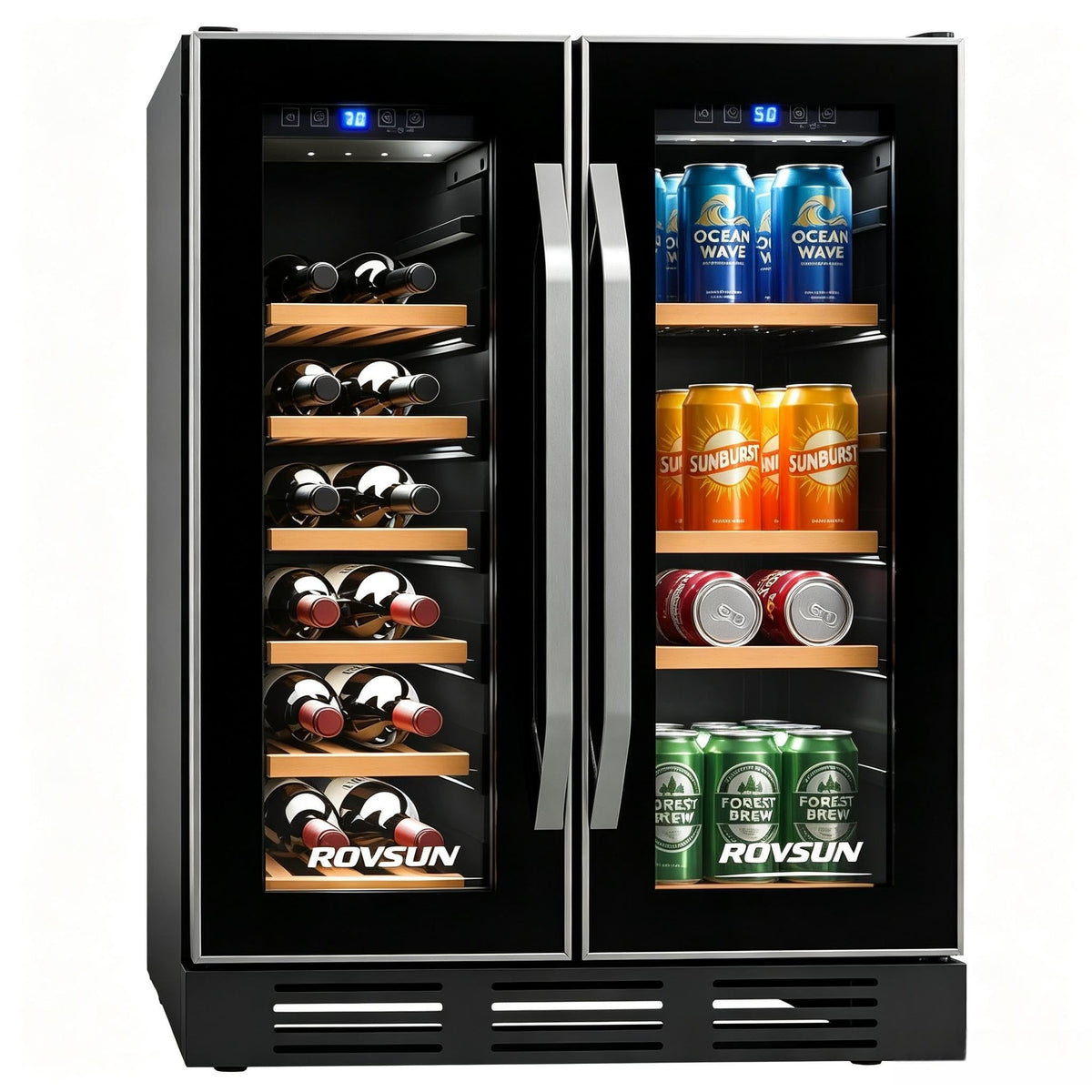 ROVSUN 17 Bottles & 61 Cans Wine and Beverage Refrigerator, Dual Zone Wine Cooler with 37-64°F Temp Control & LED Light, Built-in/Freestanding/Under Counter Wine Fridge for Red Wine, Champagne, Beer