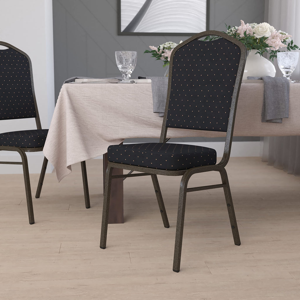 Flash Furniture Hercules Fabric Crown Back Stackable Banquet Chair, Black, Set of 1, Black Patterned Fabric/gold Vein Frame