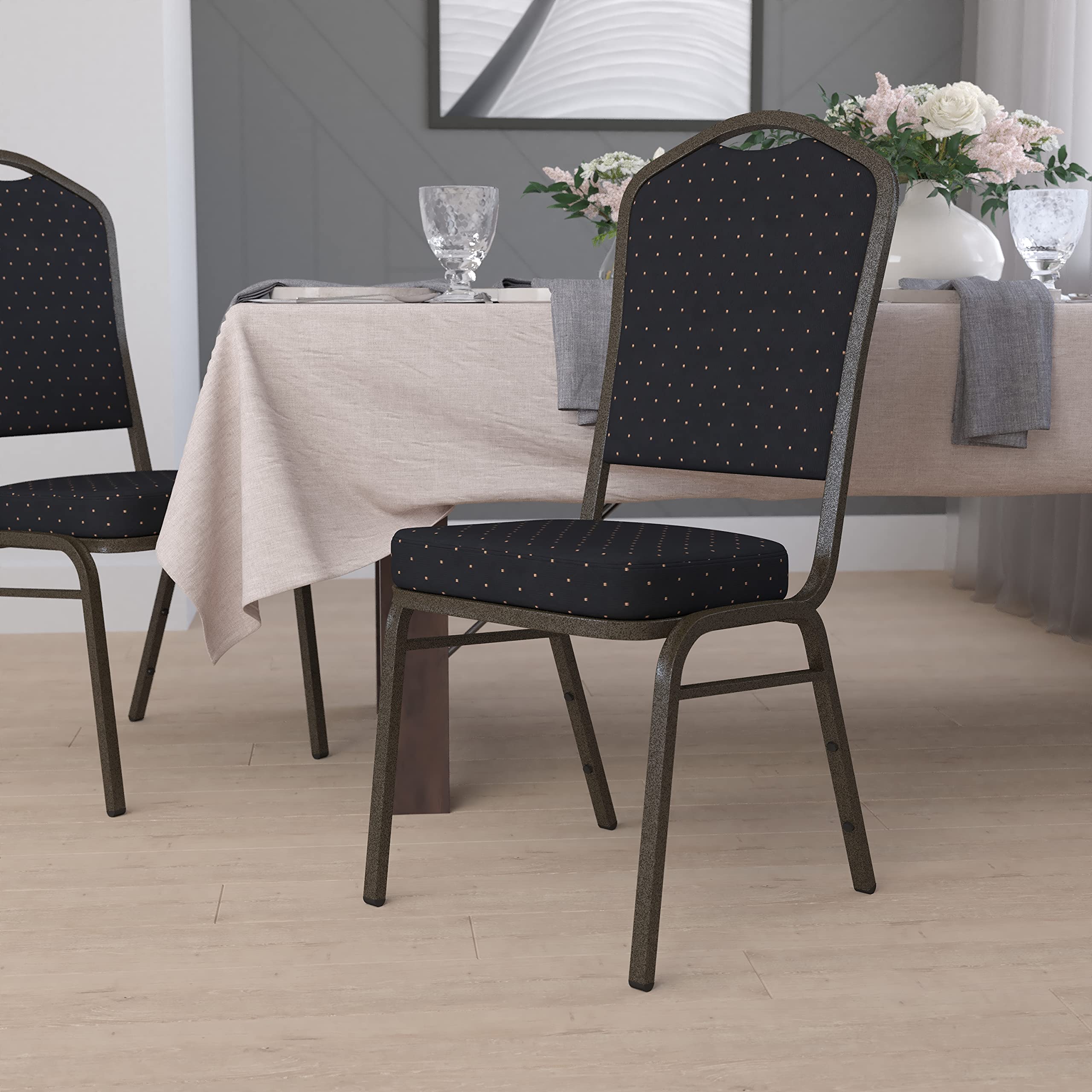 Flash Furniture Hercules Fabric Crown Back Stackable Banquet Chair, Black, Set of 1, Black Patterned Fabric/gold Vein Frame