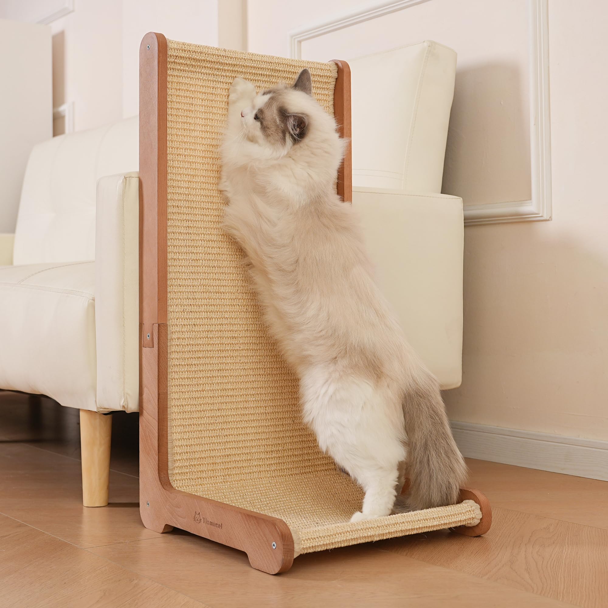 Sisal Cat Scratcher for Indoor Cats, Beechwood Base, Natural Sisal Woven Scratch Pad, Durable Scratching Post, Furniture Protector (L1)