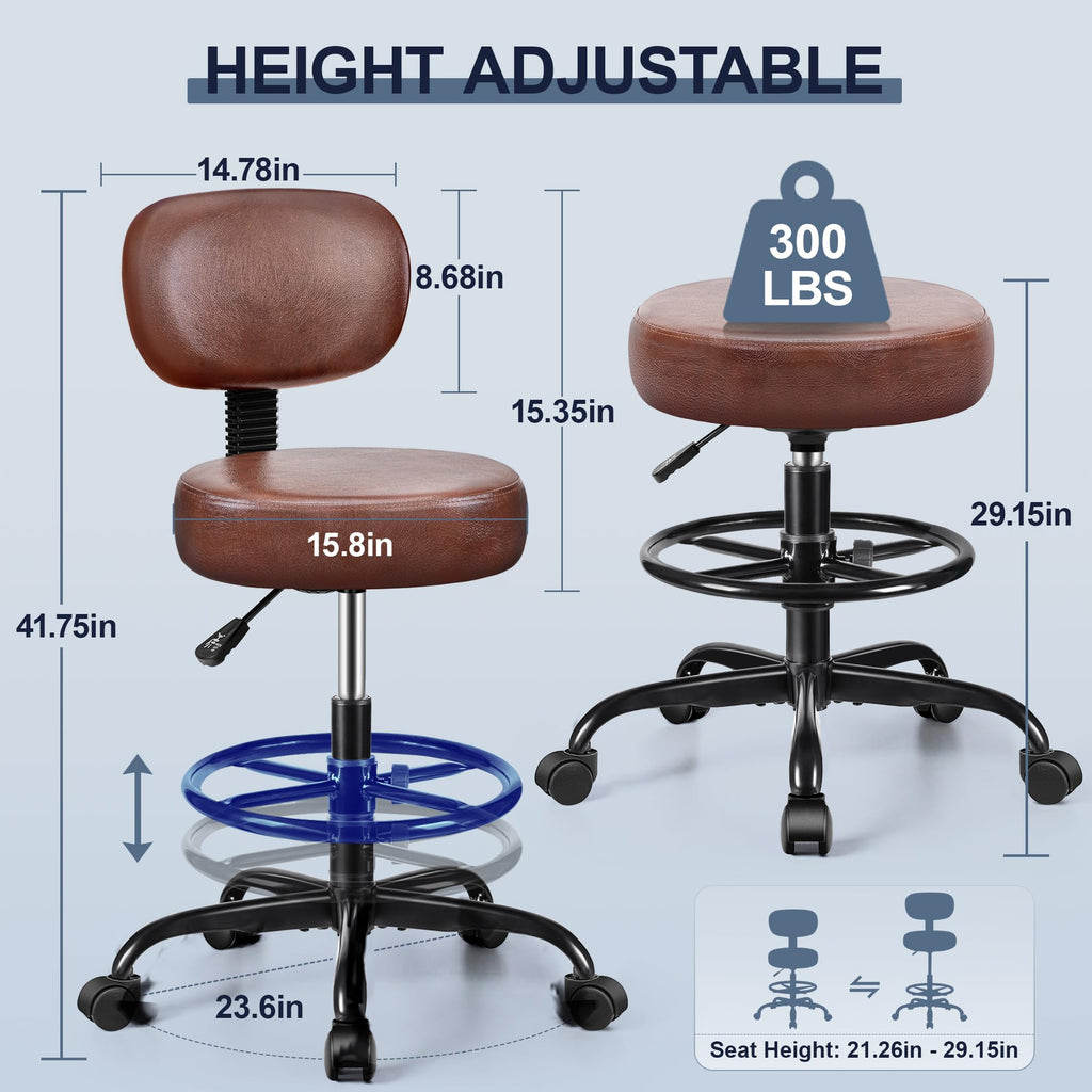 Brick Attic Drafting Chair with Backrest – Adjustable Foot Rest Rolling Stool with Wheels, Pu Leather Swivel Stool for Office Spa Studio Lab