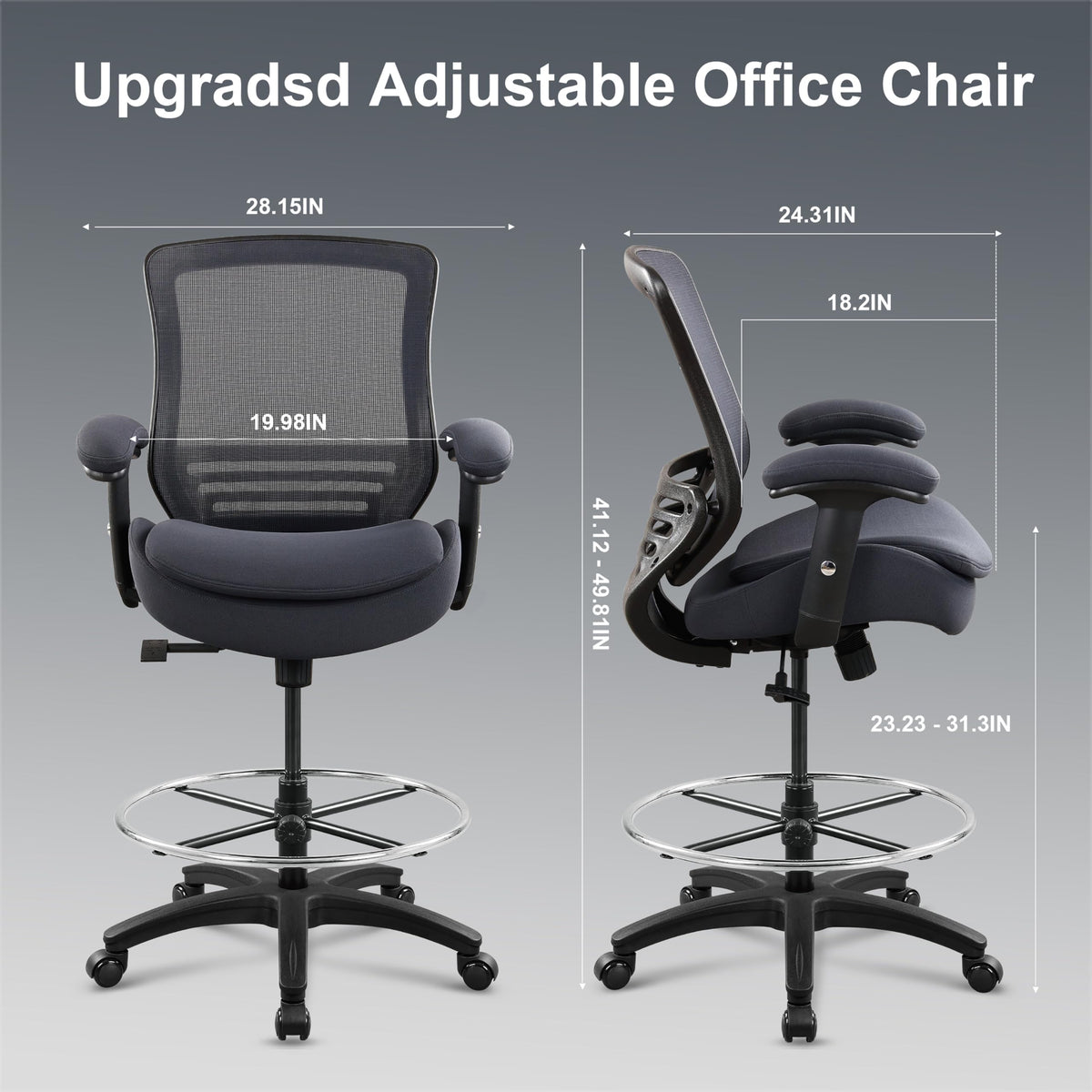 Wittlong 400lbs Office Drafting Chair Wide Dual Seat Cushion Height Adjustable Armrest for High Standing Desk with Lumbar Support and Enlarged