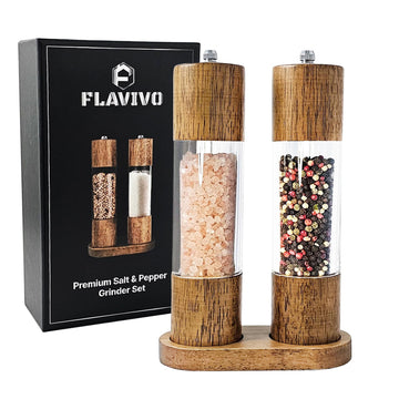 FLAVIVO Wooden Salt and Pepper Grinder Set, Manual Premium Acrylic Salt and pepper Mills with Adjustable Ceramic Core and Wooden Stand, 8-Inch Refillable Giftable Shakers (2 Pieces with Tray)