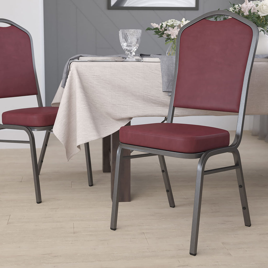 Flash Furniture Hercules Vinyl Crown Back Stackable Banquet Chair, Burgundy, Set of 1, Burgundy Vinyl/silver Vein Frame