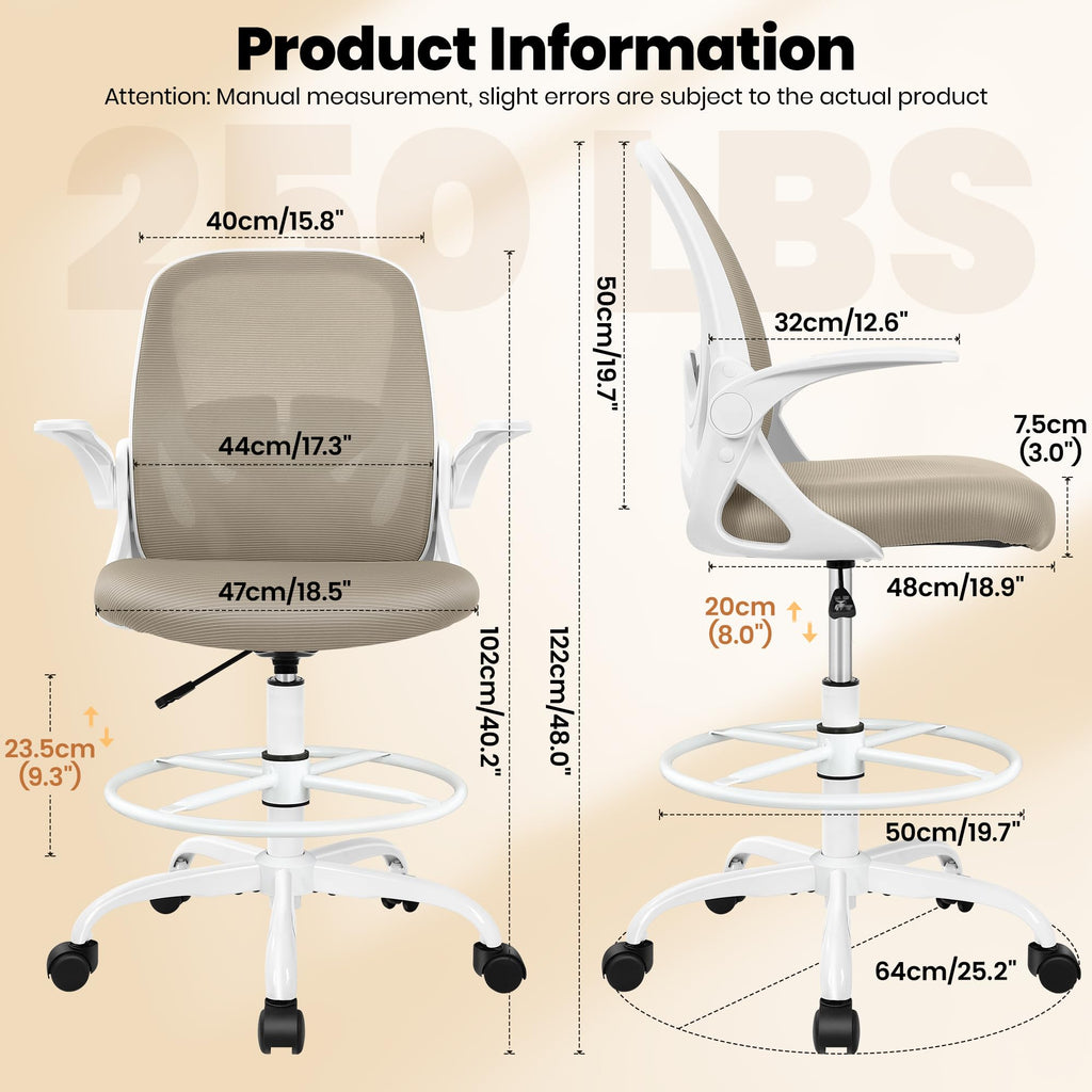 Primy Drafting Chair Tall Office Chair with Flip-up Armrests Executive Ergonomic Computer Standing Desk Chair with Lumbar Support and