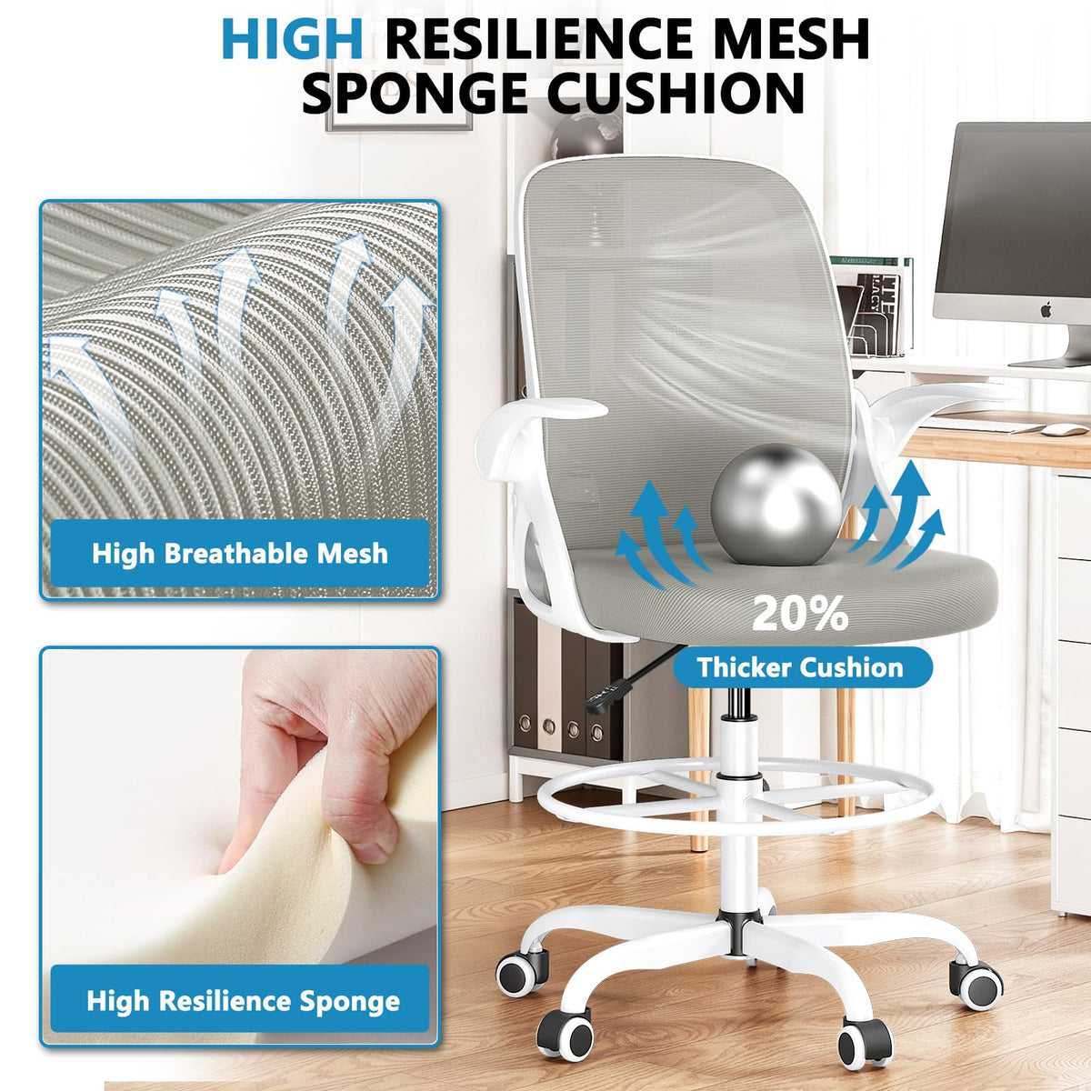Kensaker Drafting Chair Tall Office Chair, Ergonomic Standing Desk Chair with Adjustable Foot Ring and Flip-up Armrests, Mesh Computer Chair