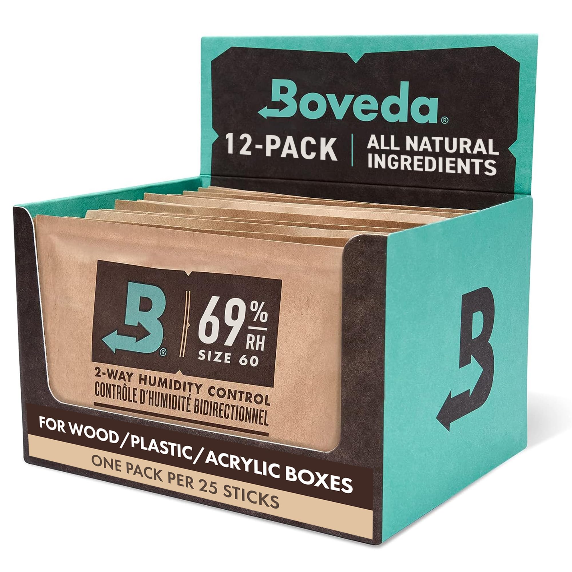 Boveda 69% Two-Way Humidity Control Packs For Plastic, Wood Humidifier Boxes & Resealable bags – Size 60 – 12 Pack – Moisture Absorbers – Humidifier Packs – Individually Wrapped Hydration Packets