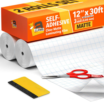 LA LLAMA Matte Clear Laminate Roll 12” x 30ft 2 Pack - 3 MIL Self-Adhesive Laminating Film, Matte Non Thermal Extra Long Laminating Vinyl Roll