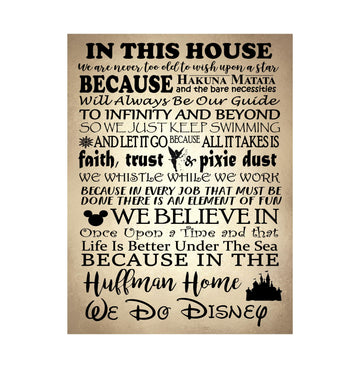 Disney Themed Wall Decor, Wedding or Were Going To Disney Gift, We Do Disney, In This House, Custom Canvas, Personalized With Family Name, First Trip, Memories, Quotes