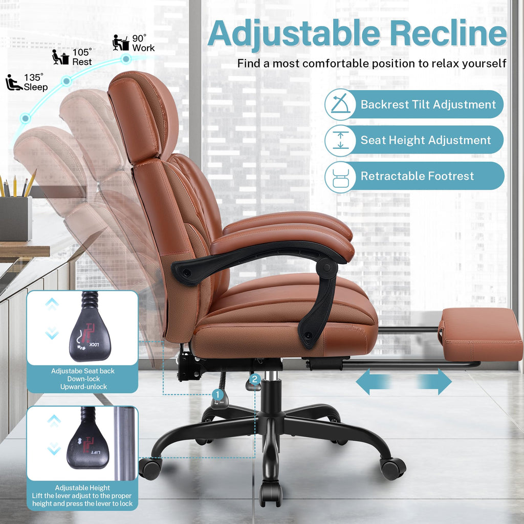 Executive Leather Office Chair, Big and Tall Office Chair with Footrest Home Office Desk Chairs, Ergonomic Computer Desk Chair with Lumbar