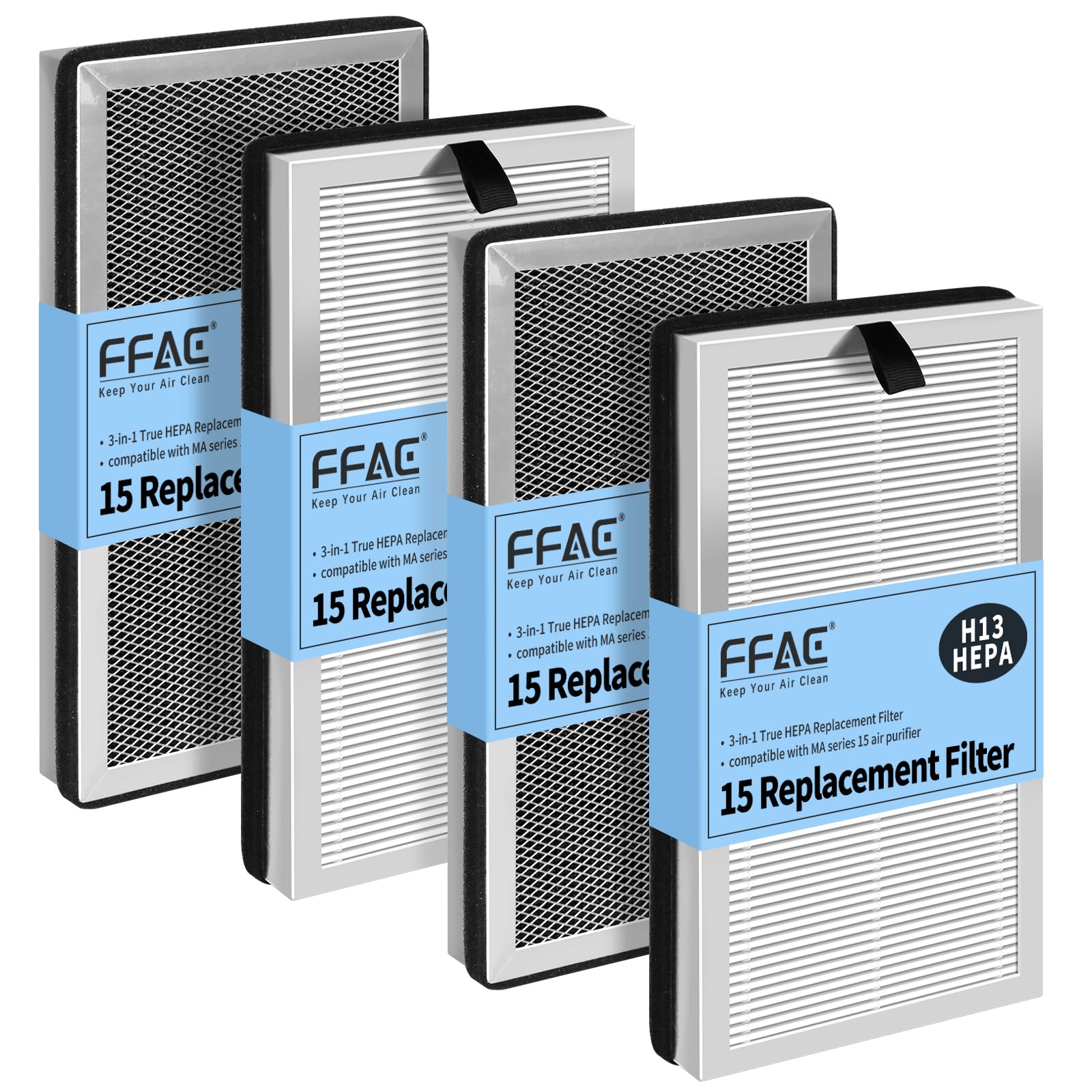 MA15 Replacement Filter Compatible with MA-15 Air Purifier, 3-in-1 Filtration System of MA15 Filters, H13 True HEPA and Activated Carbon Filter, 4 Pack