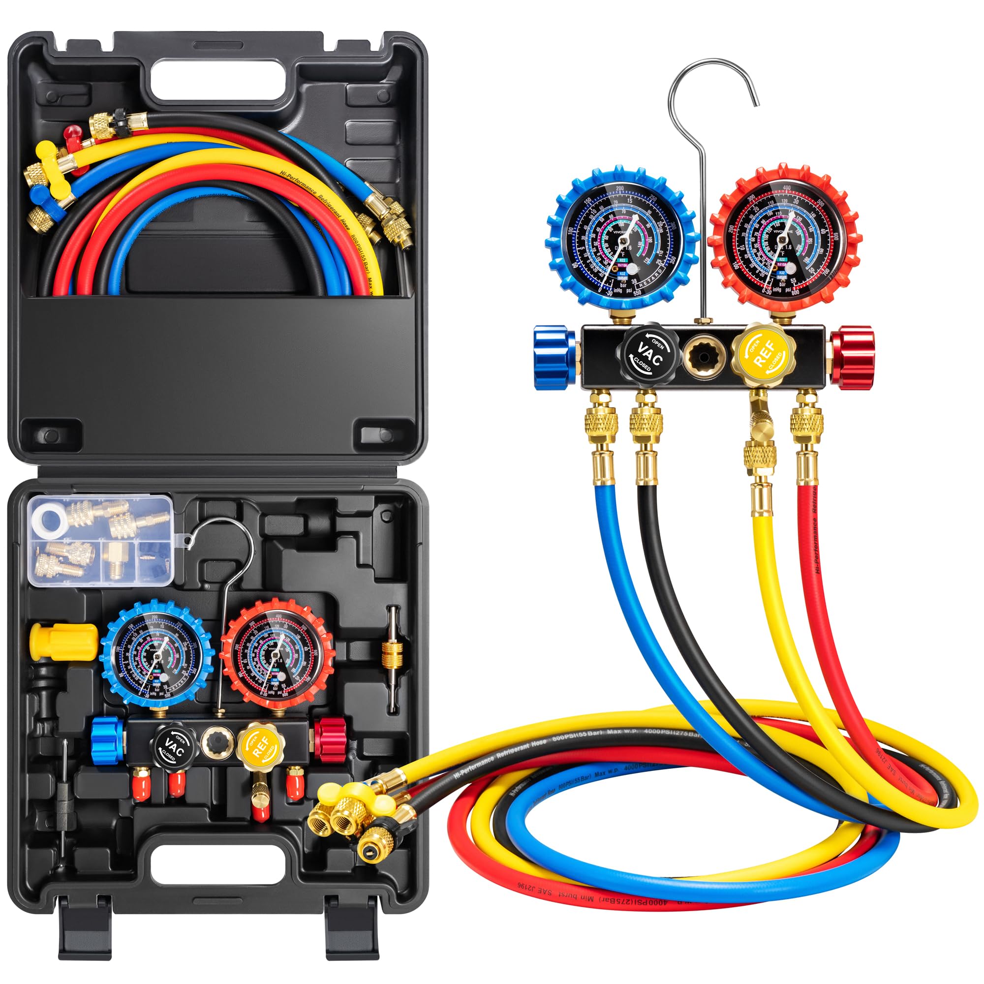 VIVOHOME HVAC Manifold Gauge Set for R410a R454B R32 R22 Refrigerant, 4 Valve Residential Household AC Gauges with 5ft Hoses for Freon Charging and Evacuation