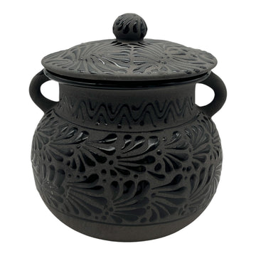 Black Talavera Bean Pot with Lid | Mexican Clay Frijolero