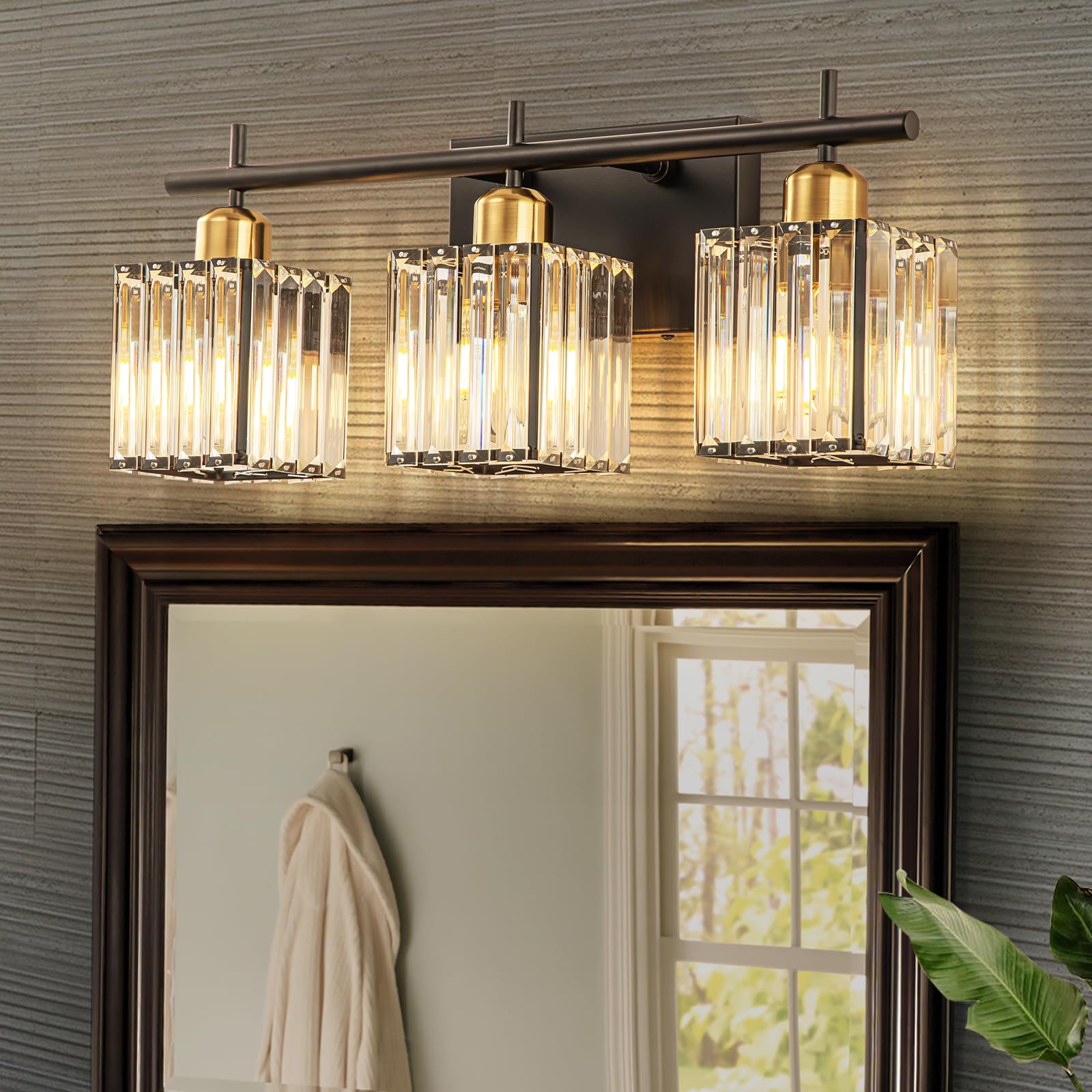 Modern Bathroom Light Fixture Over Mirror, 3-Light Vanity Lights Black and Gold, Square Shade Crystal Wall Light Wall Decor