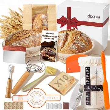 Kikcoin 13 PCS Sourdough Starter Kit with Round & Oval Banneton, Sourdough Bread Baking Supplies with Handmade Baskets, Bread Proofing Basket with Starter Jar, Bread Making Tools Kit for Beginners