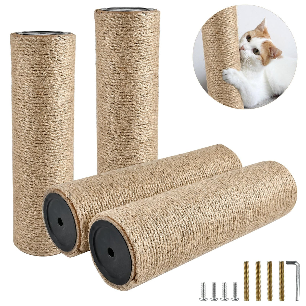 4 Pcs Cat Scratching Post Replacement, Natural Jute Pole Cat Tree Replacement Parts, Cat Scratch Pole with 8 M8 Screws and 1 Wrench for Indoor Kittens Tower (11.8 x 3.3 in)