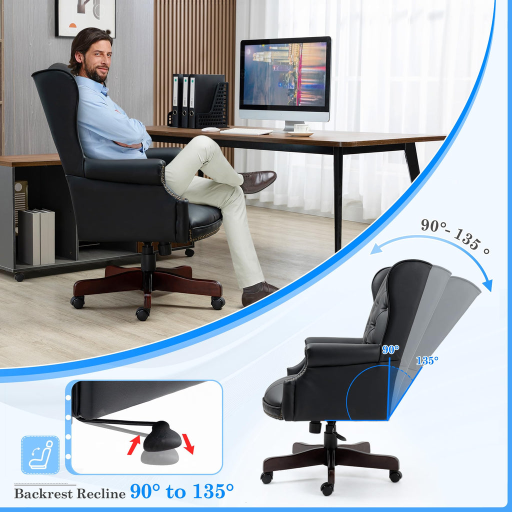 Big and Tall Executive Office Chair, Ergonomic 360° Swivel Recliner Chair, Retro Black Faux Leather Home Office Desk Chairs W/button Tufted